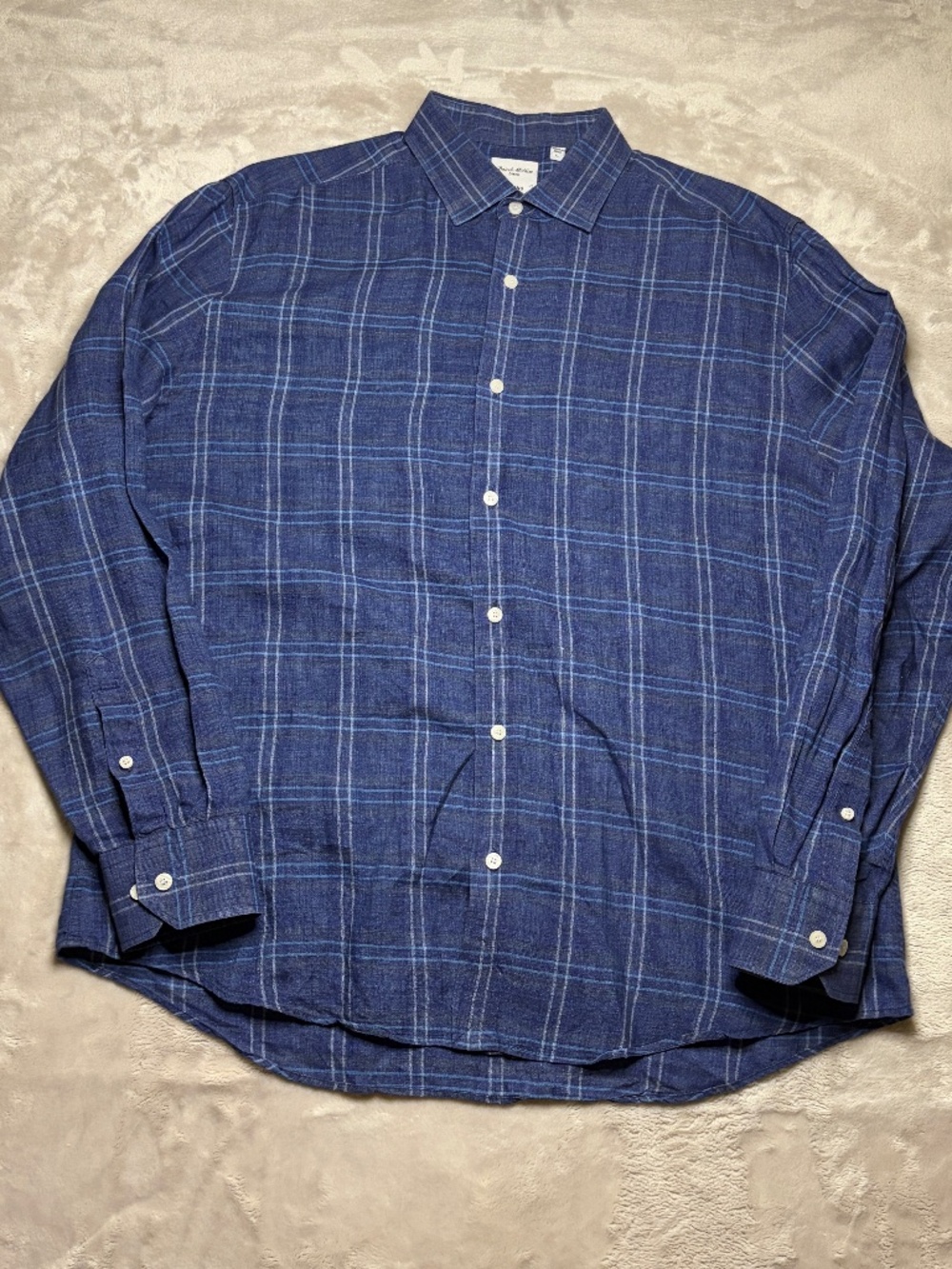 Murano Baird McNutt Shirt Mens L Slim Fit Blue Plaid Button Up 100% Linen Preppy